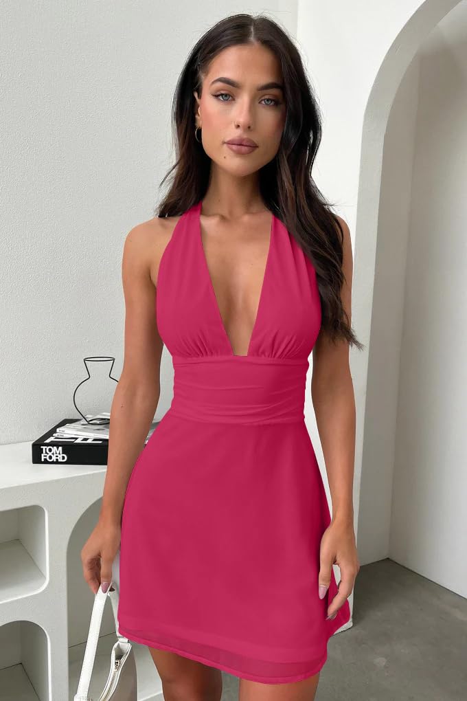 GOKATOSAU Women's Halter Mini Dress